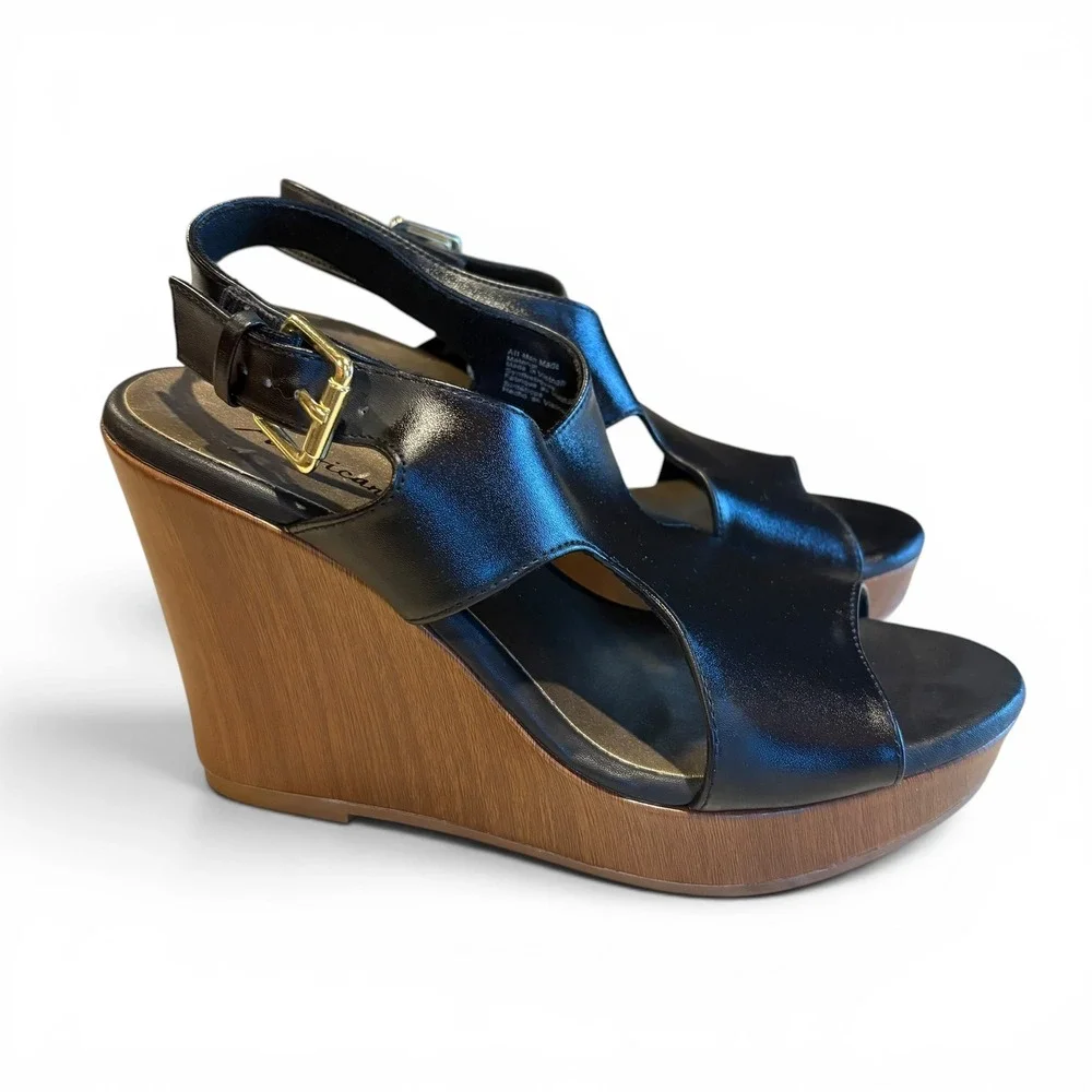 American Eagle Women's Size 8 Black Platform Wedge Sandals Wood Grain Heel